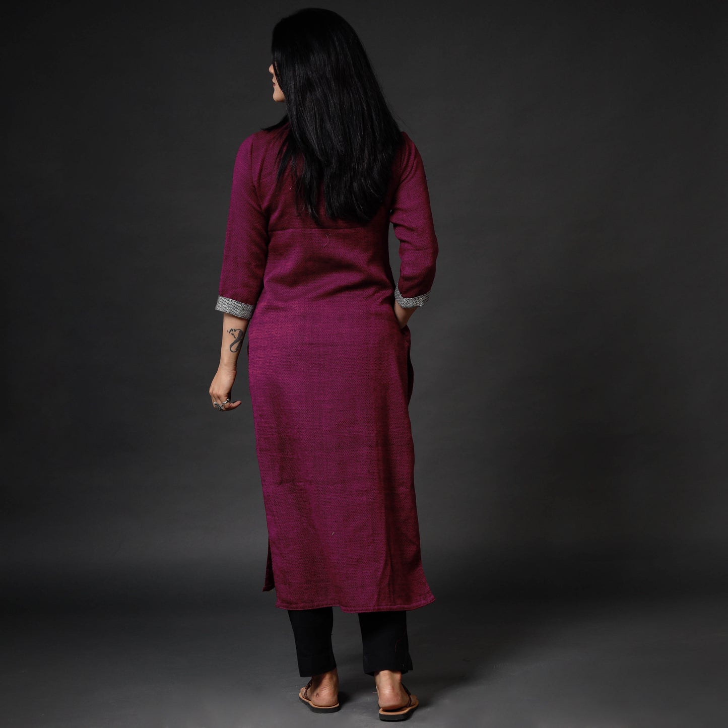 Pink - Dark Purple Kumaun Handwoven Merino Woolen Long Kurti