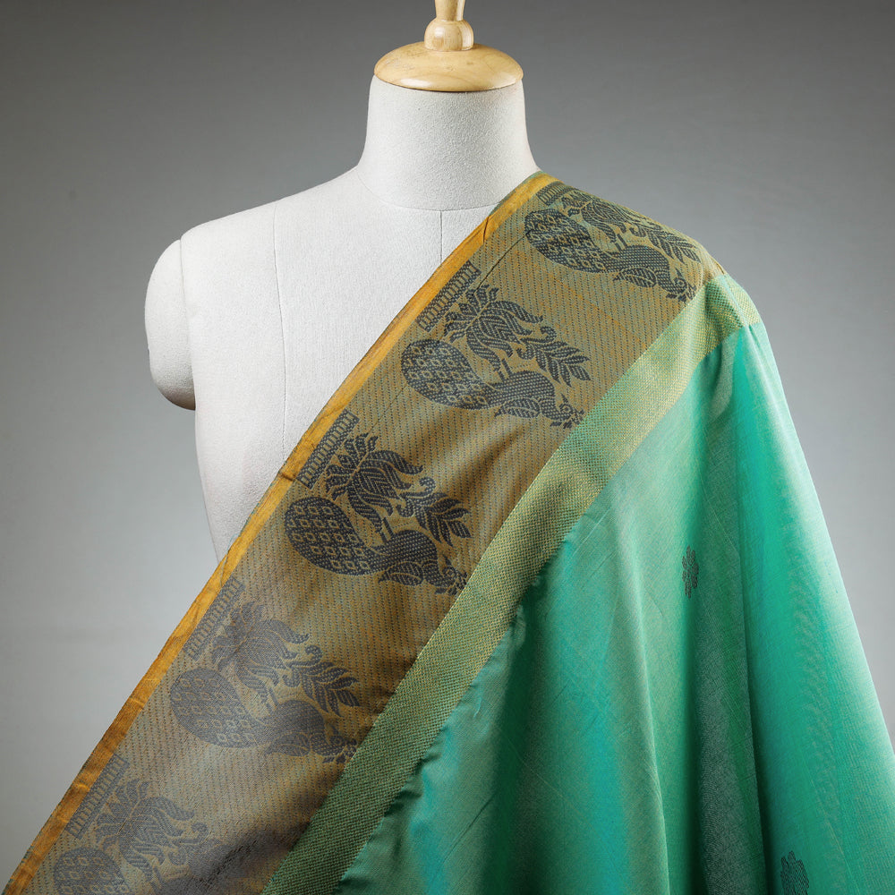 Green - Kanchipuram Cotton Buti Fabric with Thread Border