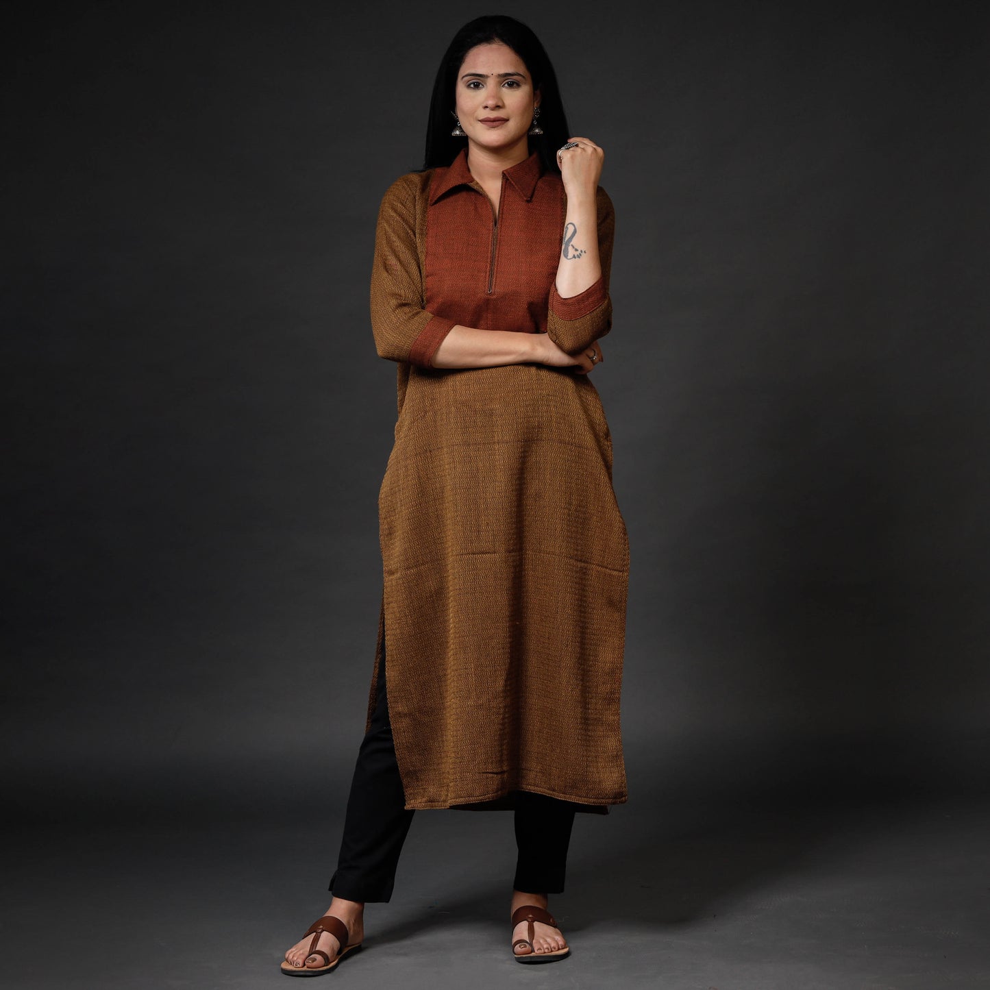 Brown Kumaun Handwoven Merino Woolen Long Kurta