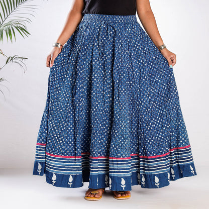 Blue - Kusumlata Indigo Block Print Cotton Crinkle Long Skirt