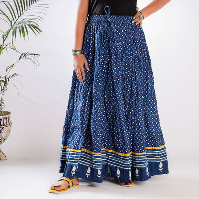 Blue - Kusumlata Indigo Block Print Cotton Crinkle Long Skirt