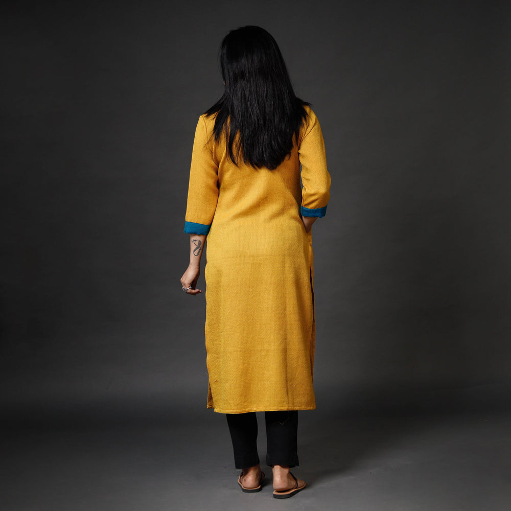 Yellow Kumaun Handwoven Merino Woolen Long Kurti
