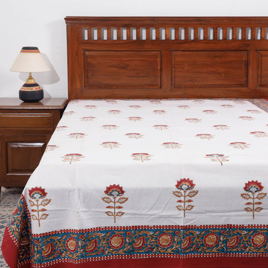 White - Sanganeri Block Printing Cotton Single Bed Cover (91 x 63 in)