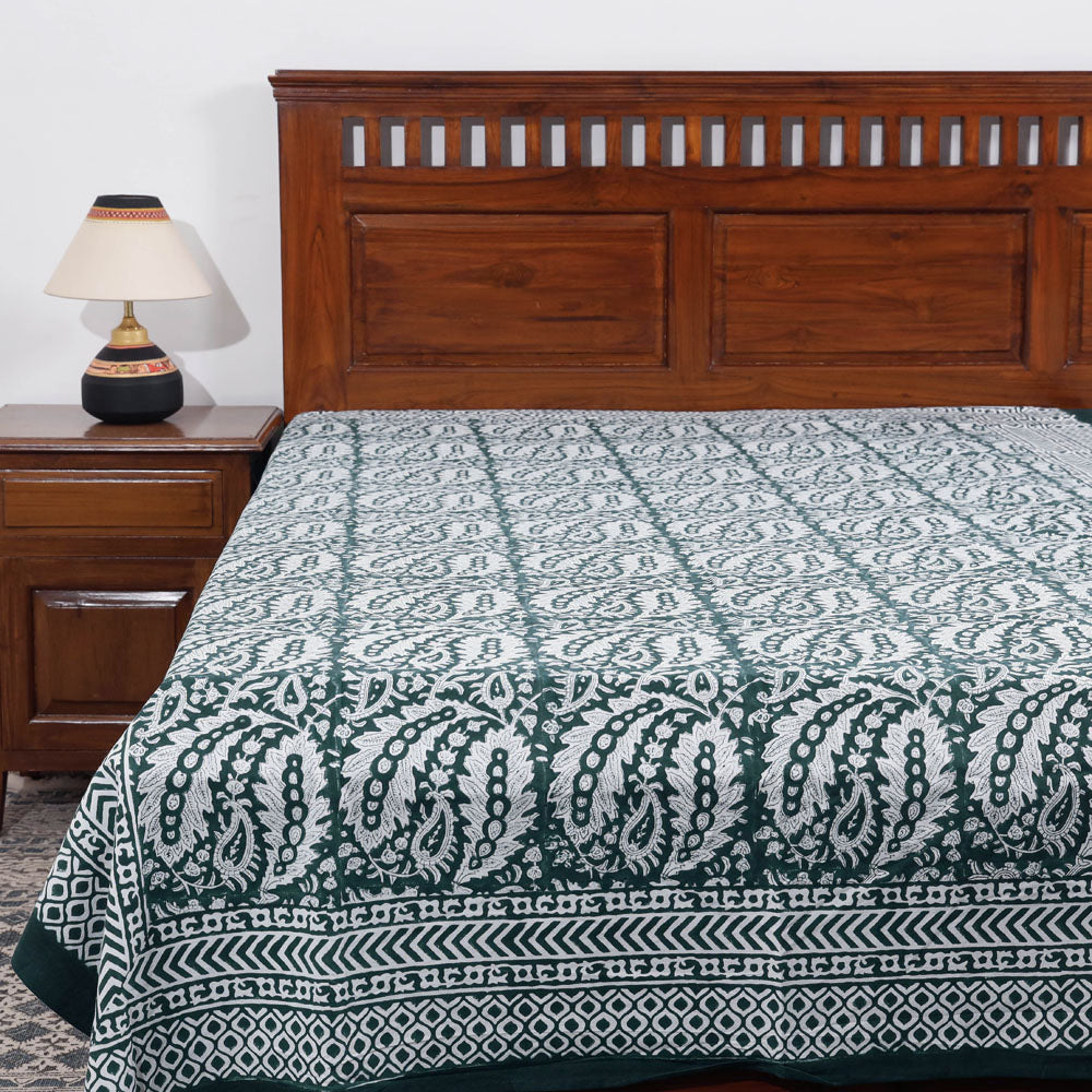 Green - Sanganeri Block Printing Cotton Single Bed Cover (91 x 63 in)