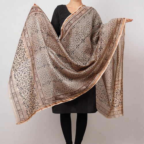 Brown - Pedana Kalamkari Block Print Handloom Chanderi Silk Dupatta with Zari Border