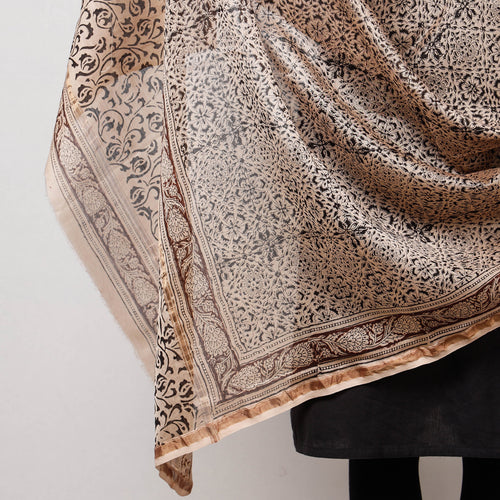 Brown - Pedana Kalamkari Block Print Handloom Chanderi Silk Dupatta with Zari Border