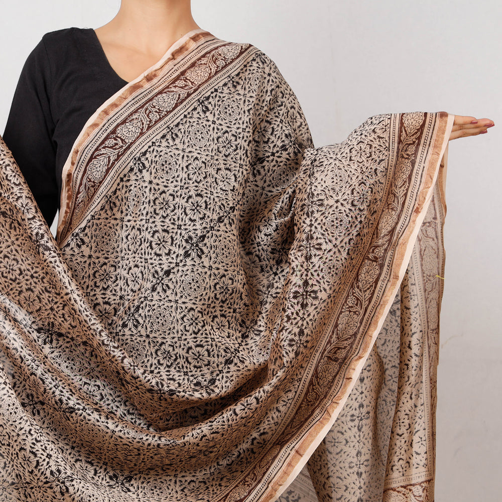 Brown - Pedana Kalamkari Block Print Handloom Chanderi Silk Dupatta with Zari Border