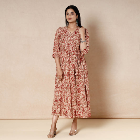 Peach - Kalamkari Block Printed Cotton Flared Dress