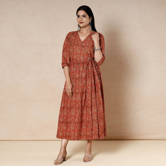 Red - Kalamkari Block Printed Cotton Flared Dress