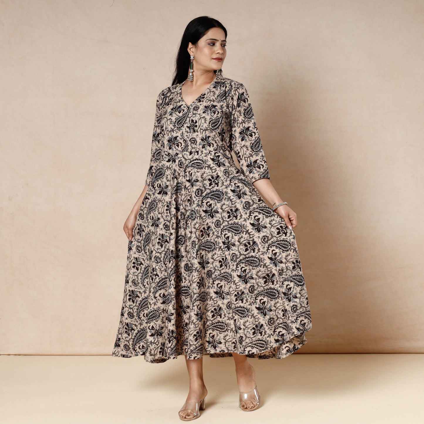 Beige - Kalamkari Block Printed Cotton Flared Gher Dress
