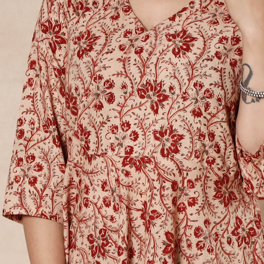 Red - Kalamkari Block Printed Cotton Flared Gher Dress