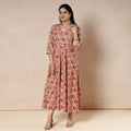 Red - Kalamkari Block Printed Cotton Flared Gher Dress