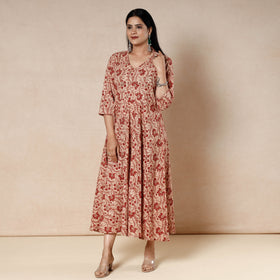 Red - Kalamkari Block Printed Cotton Flared Gher Dress