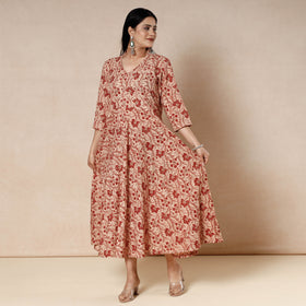 Red - Kalamkari Block Printed Cotton Flared Gher Dress