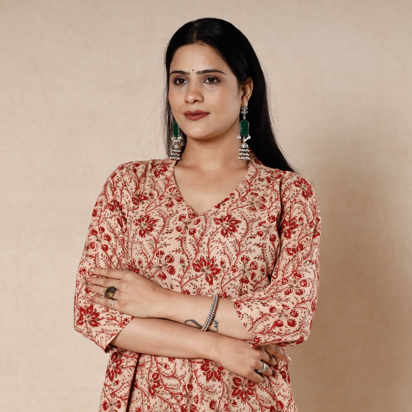 Red - Kalamkari Block Printed Cotton Flared Gher Dress