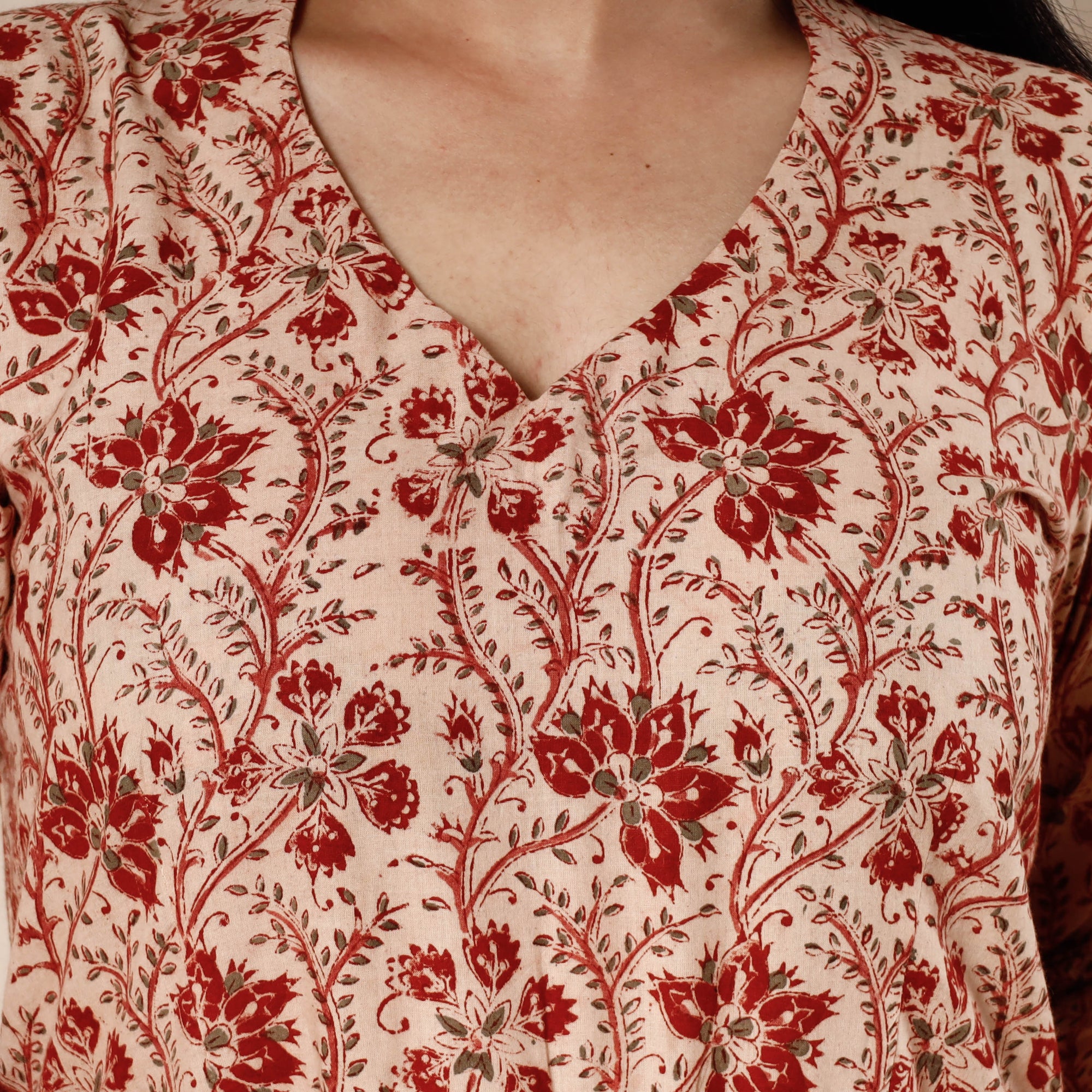 Red - Kalamkari Block Printed Cotton Flared Gher Dress