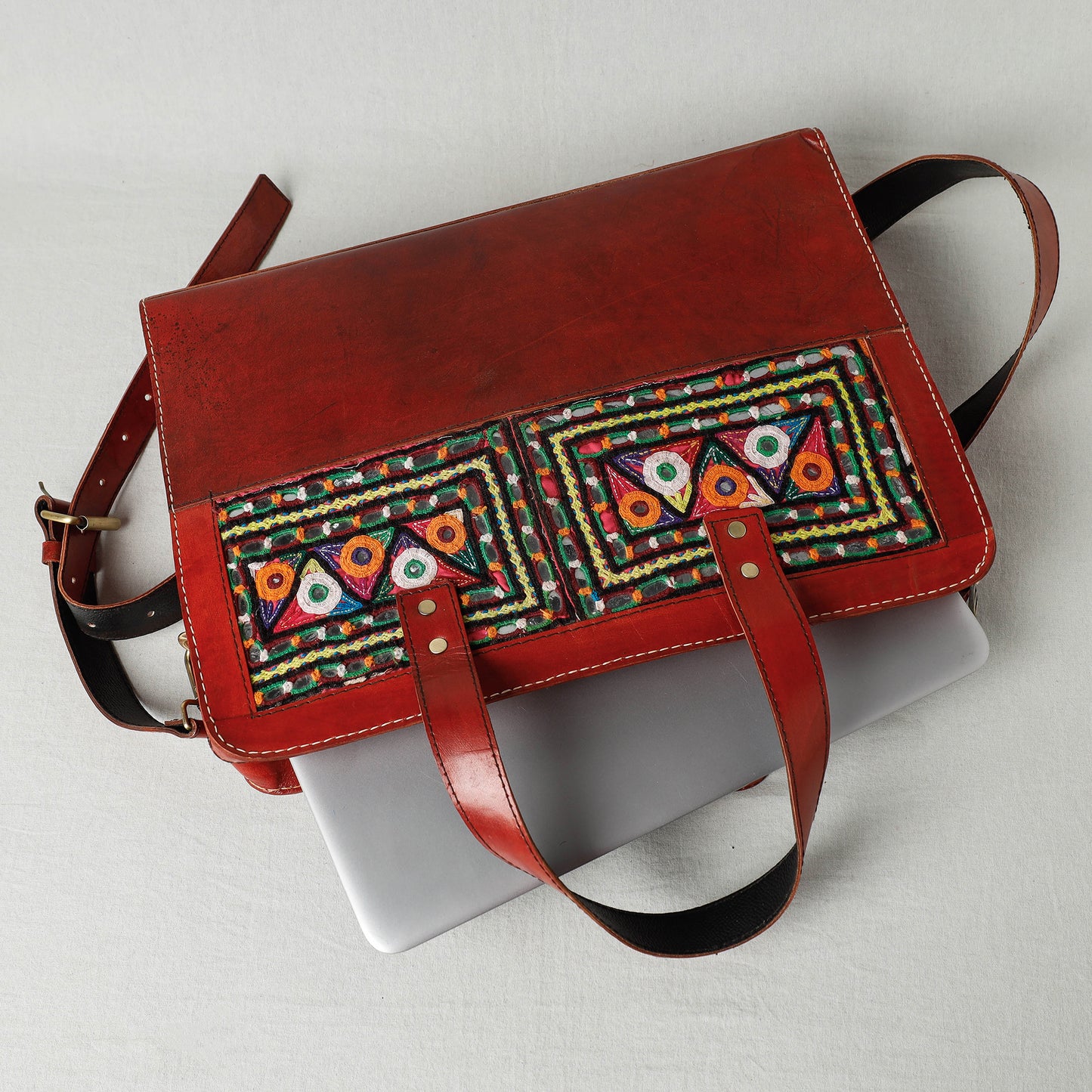 Handcrafted Kutch Embroidery Leather Laptop Bag