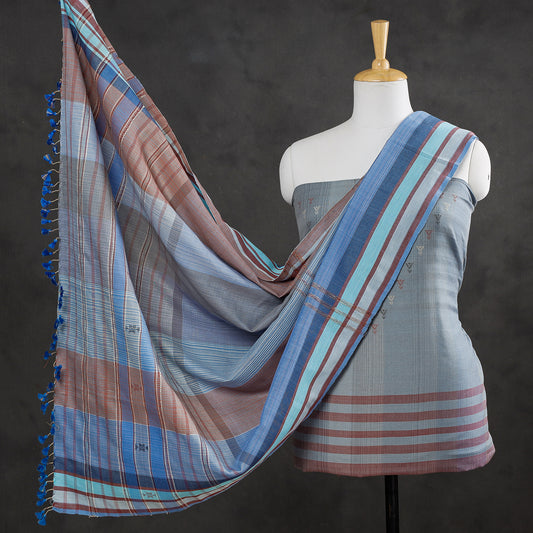 Grey - 3pc Kutch Bhujodi Weaving Handloom Fine Cotton Suit Material Set