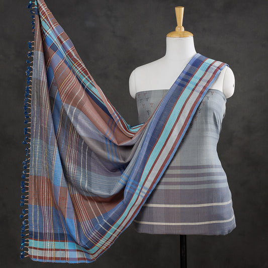 Grey - 3pc Kutch Bhujodi Weaving Handloom Fine Cotton Suit Material Set