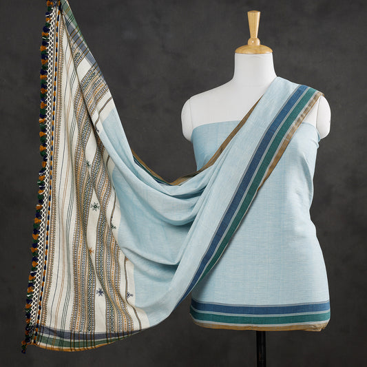 Blue - 2pc Kutch Bhujodi Weaving Handloom Fine Cotton Suit Material Set