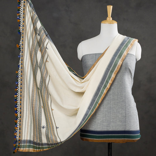 Grey - 2pc Kutch Bhujodi Weaving Handloom Fine Cotton Suit Material Set