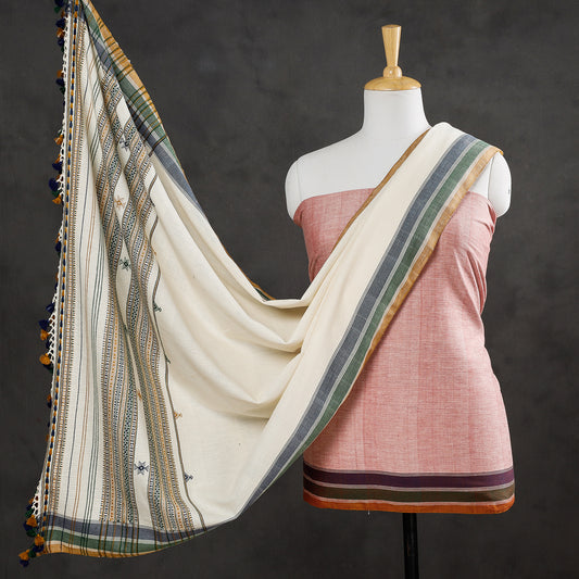 Pink - 2pc Kutch Bhujodi Weaving Handloom Fine Cotton Suit Material Set