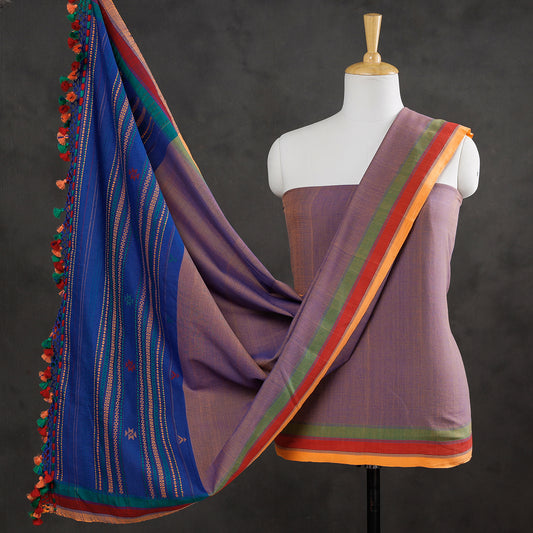Purple - 2pc Kutch Bhujodi Weaving Handloom Fine Cotton Suit Material Set