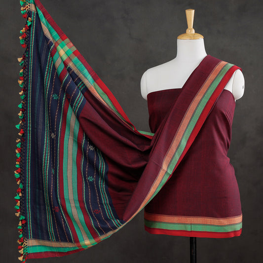 Pink - 2pc Mirror Work Kutch Bhujodi Weaving Handloom Fine Cotton Suit Material Set