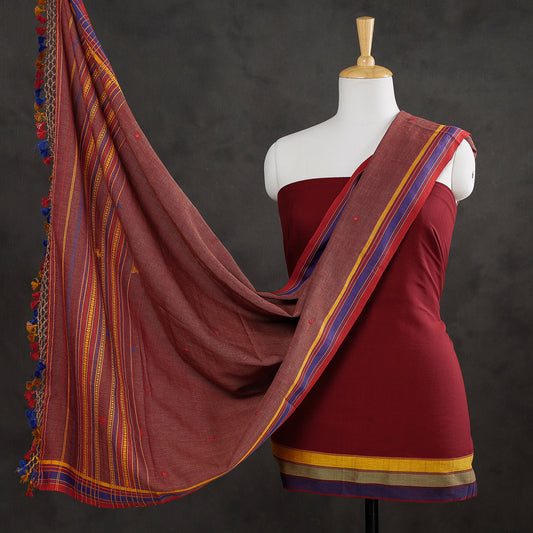 Maroon - 2pc Mirror Work Kutch Bhujodi Weaving Handloom Fine Cotton Suit Material Set