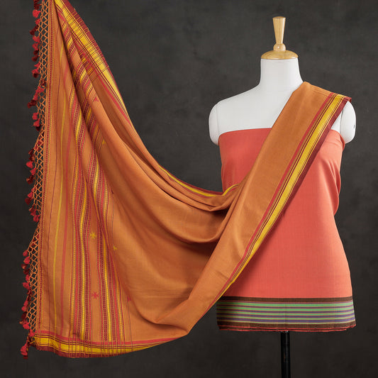 Peach - 3pc Kutch Bhujodi Weaving Handloom Fine Cotton Suit Material Set