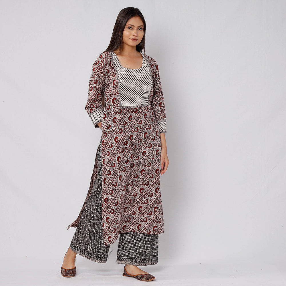 Red - - Bagh Block Printed Cotton Kurta with Palazzo & Dupatta Set