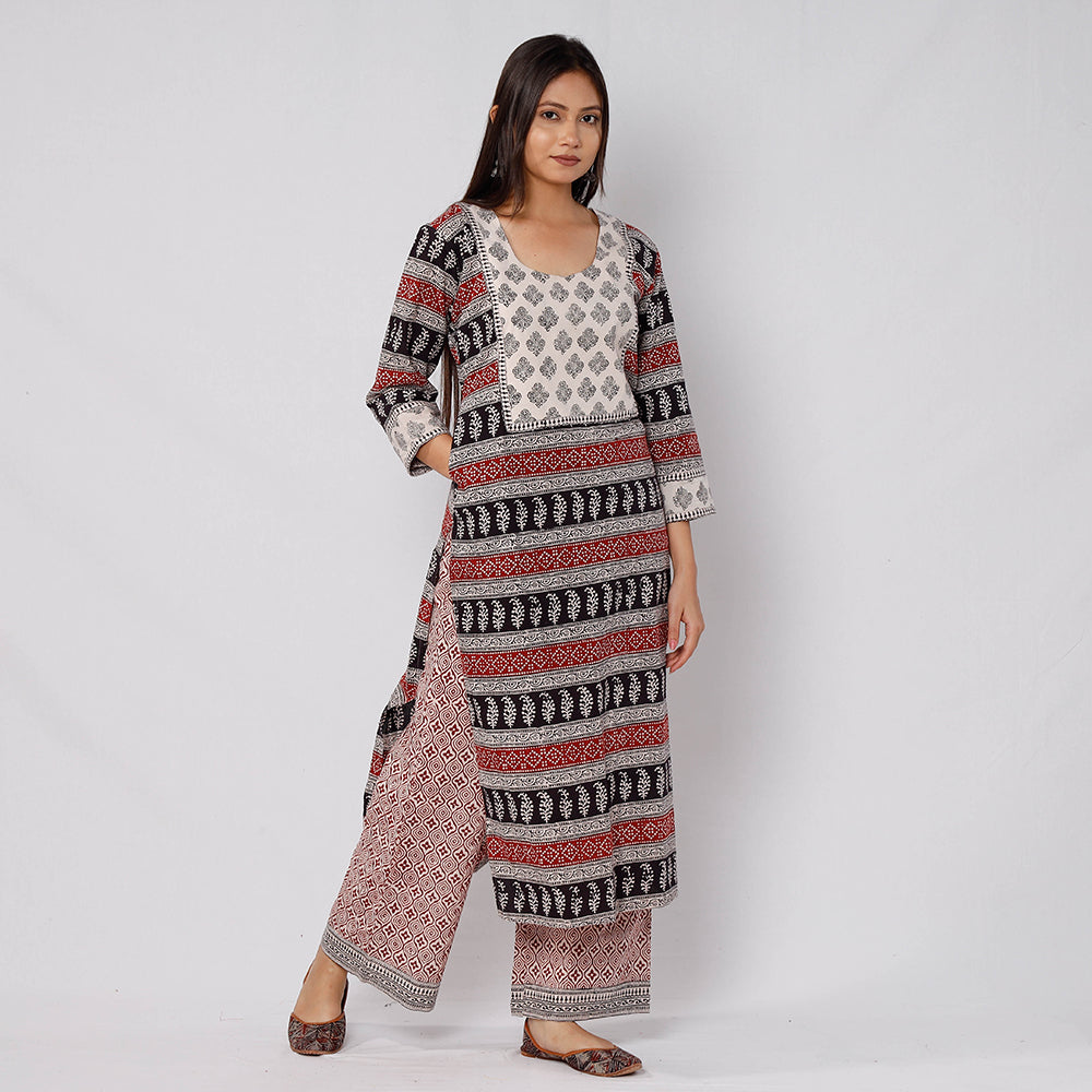 Multicolor - - Bagh Block Printing Cotton Kurta with Palazzo & Dupatta Set