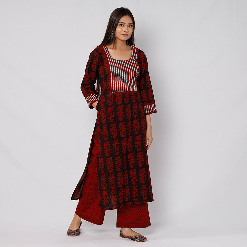 Bagh Block Printing Cotton Kurta with Palazzo & Dupatta Set