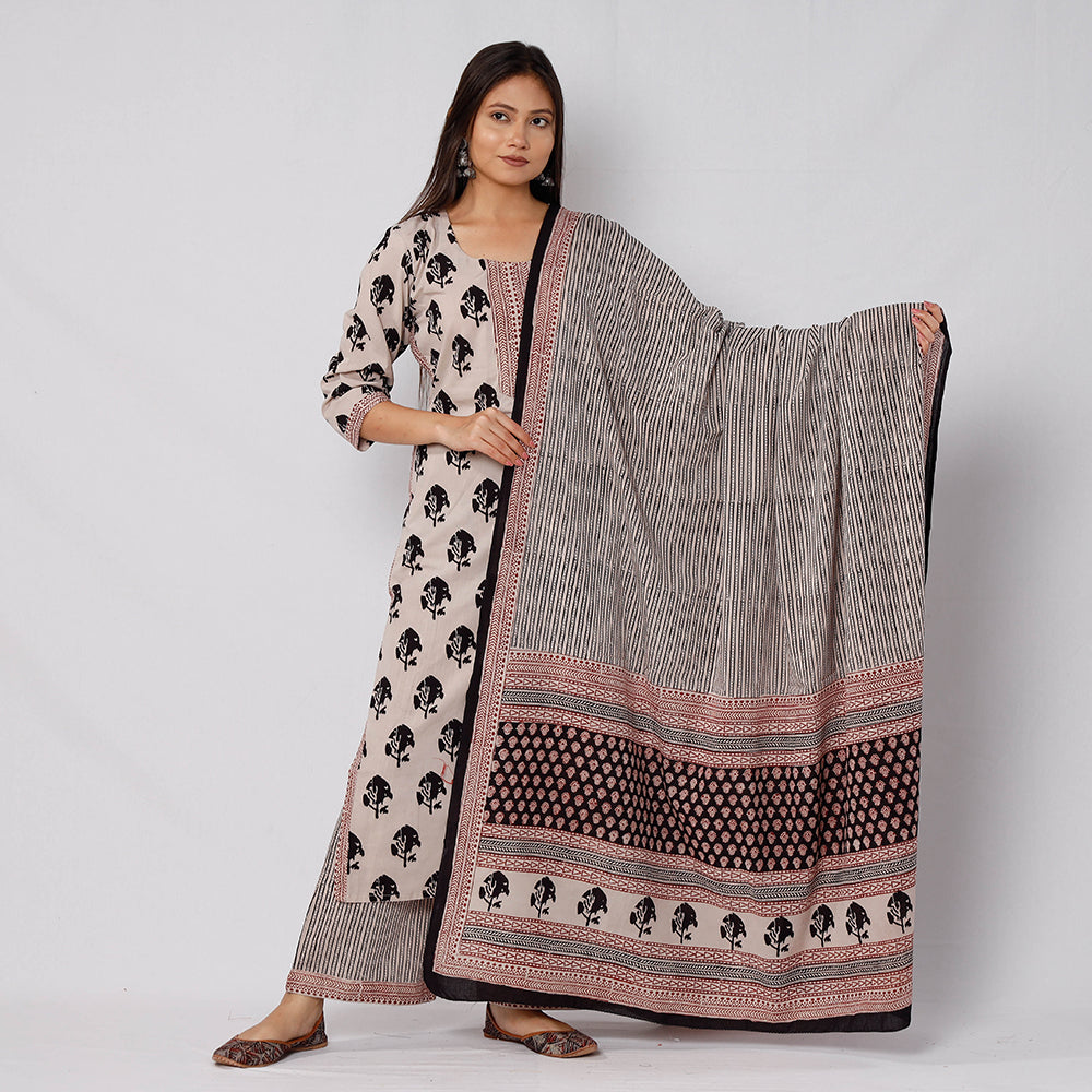 Beige - Bagh Block Printed Cotton Kurta with Palazzo & Dupatta Set