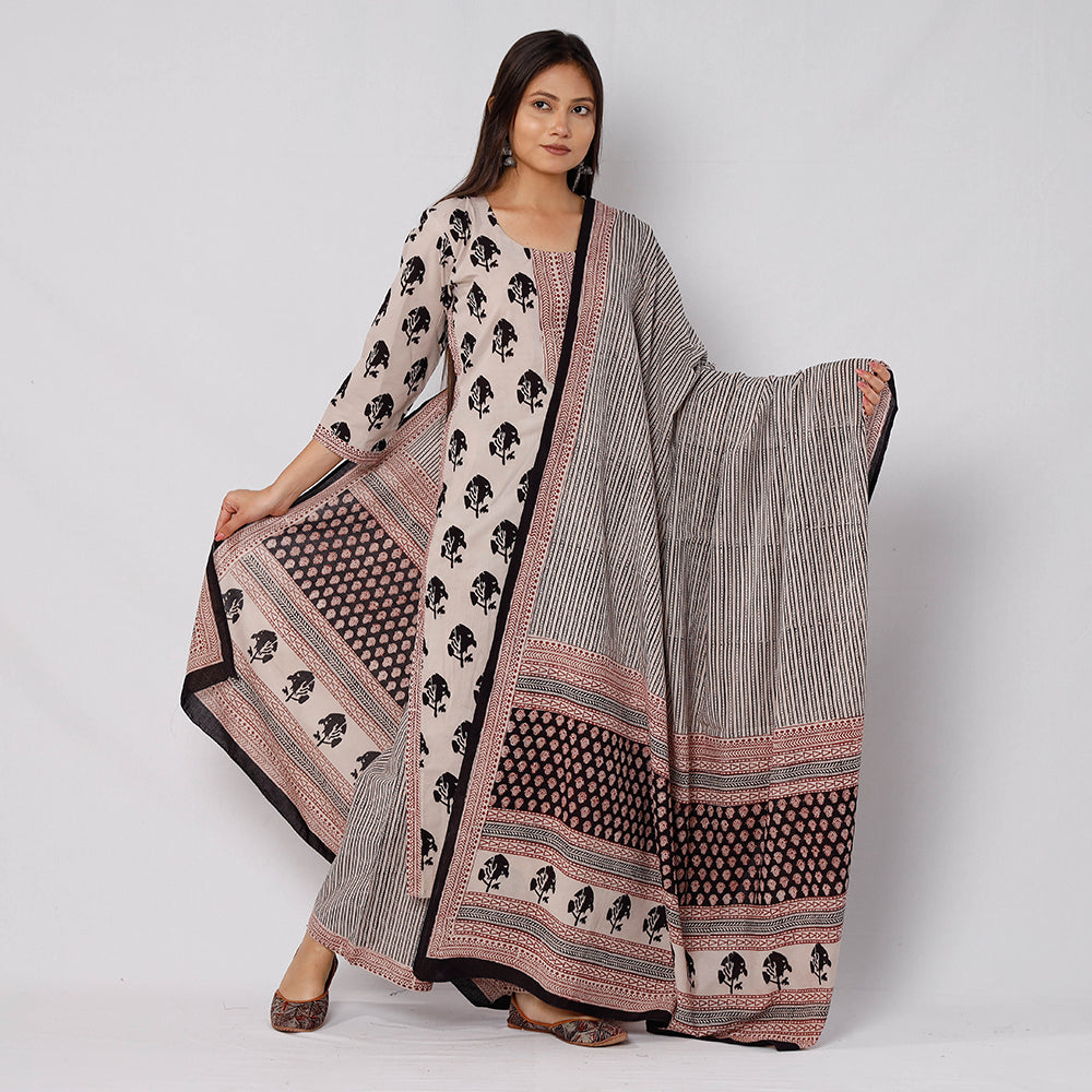 Beige - Bagh Block Printed Cotton Kurta with Palazzo & Dupatta Set