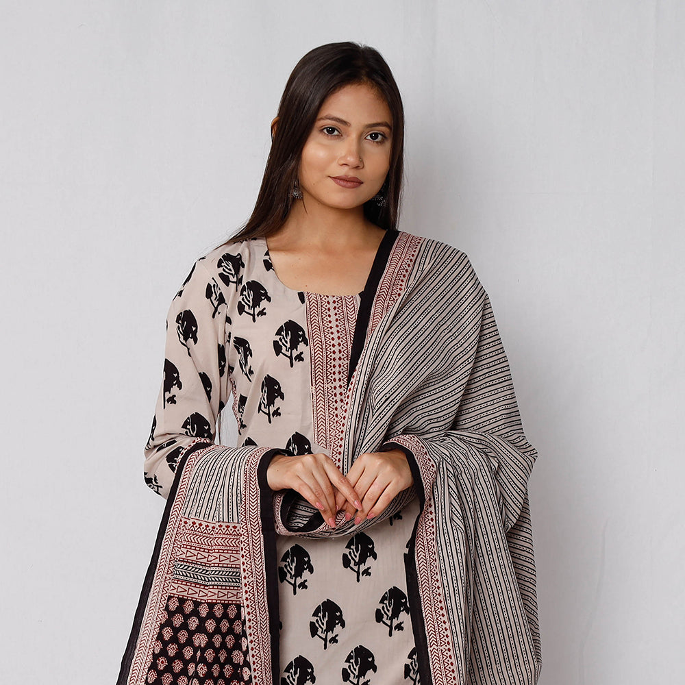 Beige - Bagh Block Printed Cotton Kurta with Palazzo & Dupatta Set