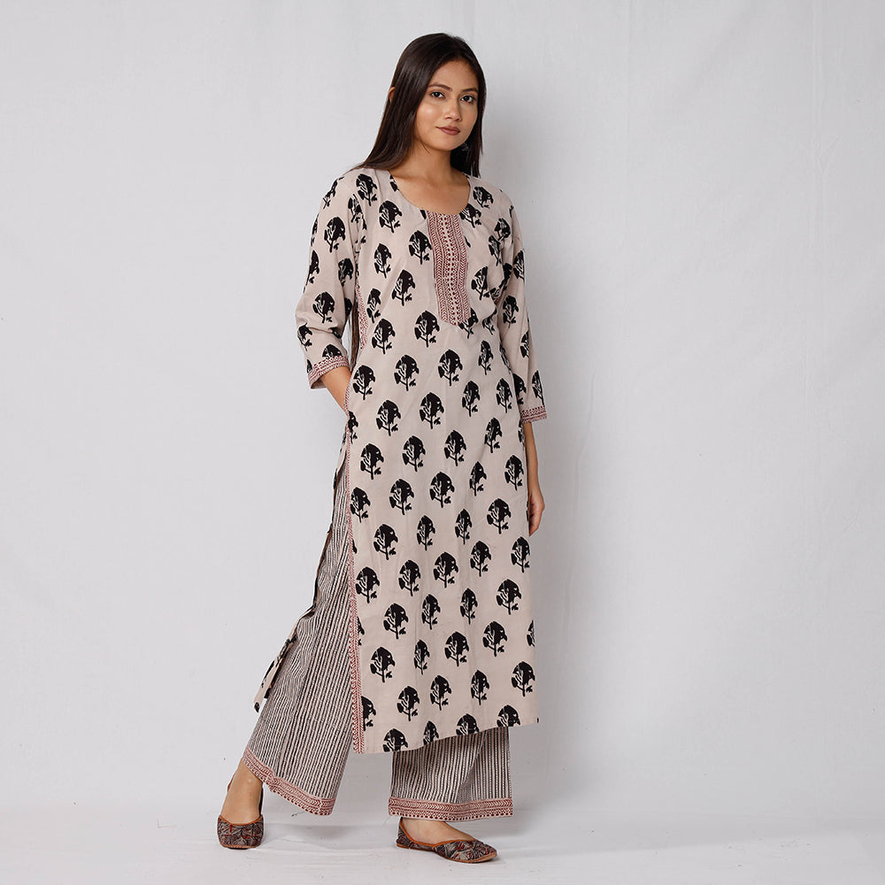 Beige - Bagh Block Printed Cotton Kurta with Palazzo & Dupatta Set