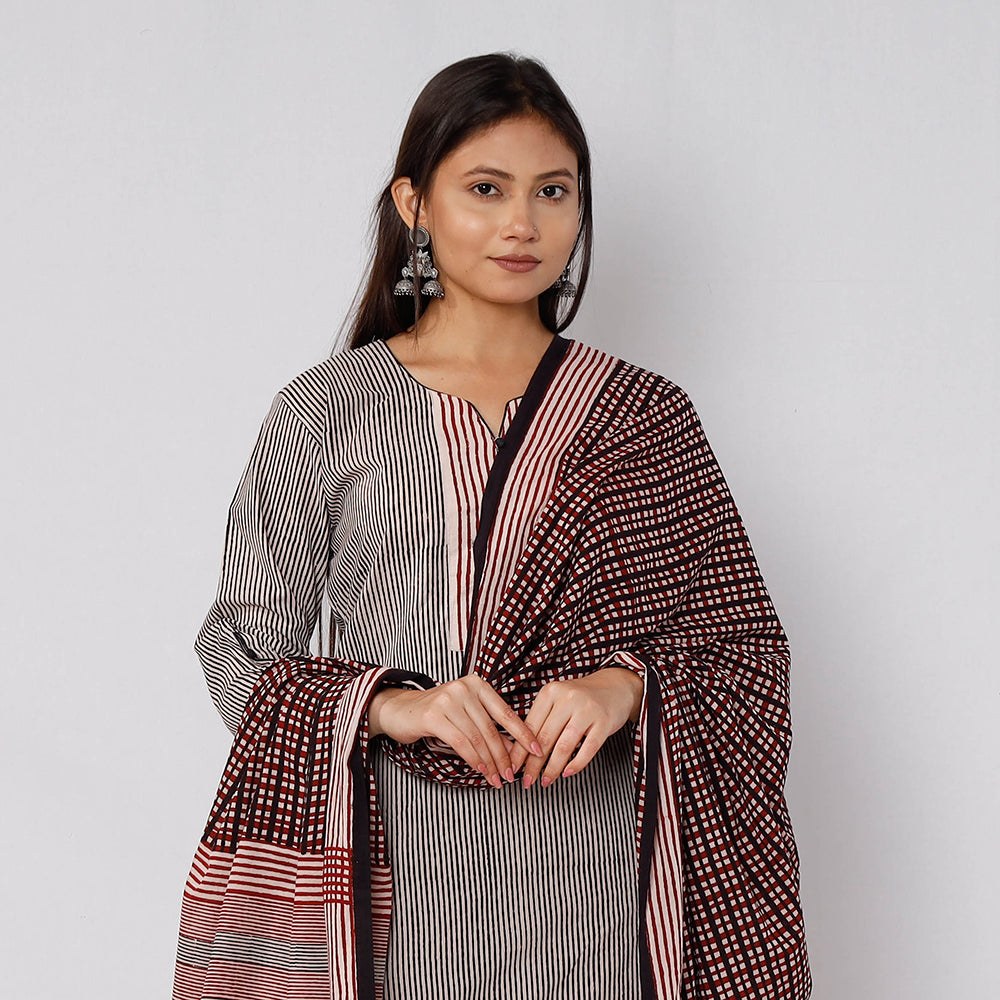 Grey - Bagh Block Printed Cotton Kurta with Palazzo & Dupatta Set