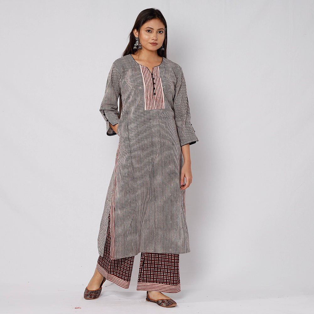 Grey - Bagh Block Printed Cotton Kurta with Palazzo & Dupatta Set