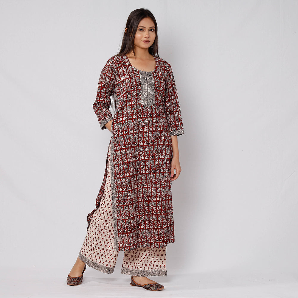 Red - Bagh Block Printed Cotton Kurta with Palazzo & Dupatta Set 09