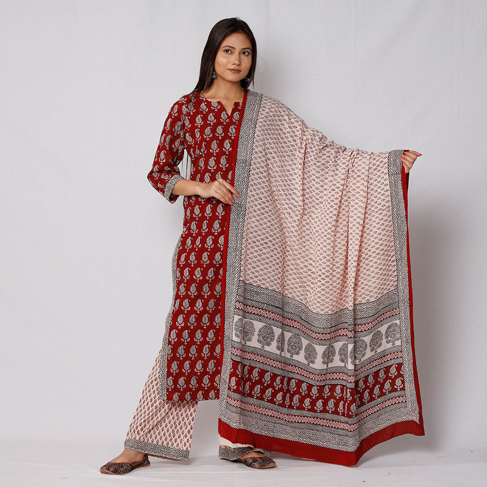 Red - Bagh Block Printed Cotton Kurta with Palazzo & Dupatta Set