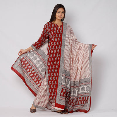 Red - Bagh Block Printed Cotton Kurta with Palazzo & Dupatta Set