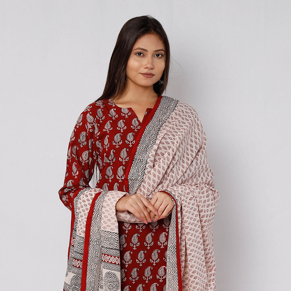 Red - Bagh Block Printed Cotton Kurta with Palazzo & Dupatta Set