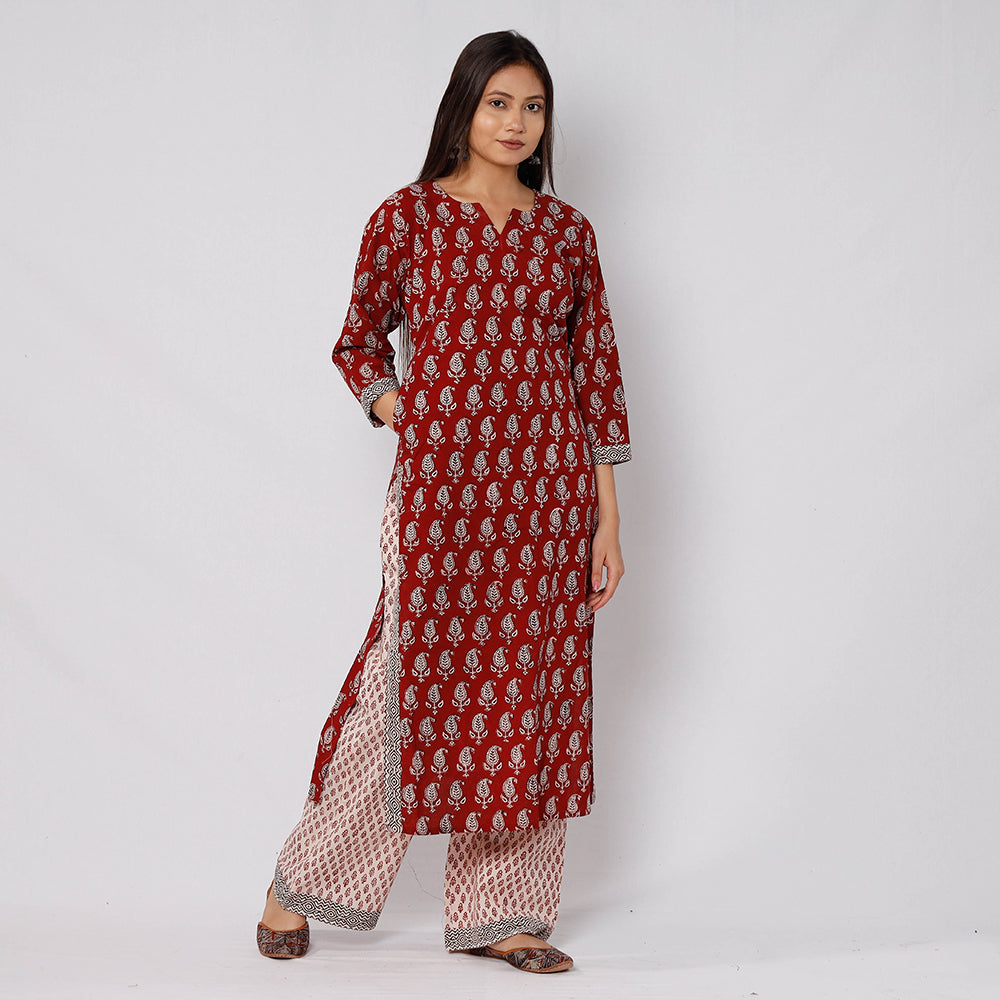 Red - Bagh Block Printed Cotton Kurta with Palazzo & Dupatta Set