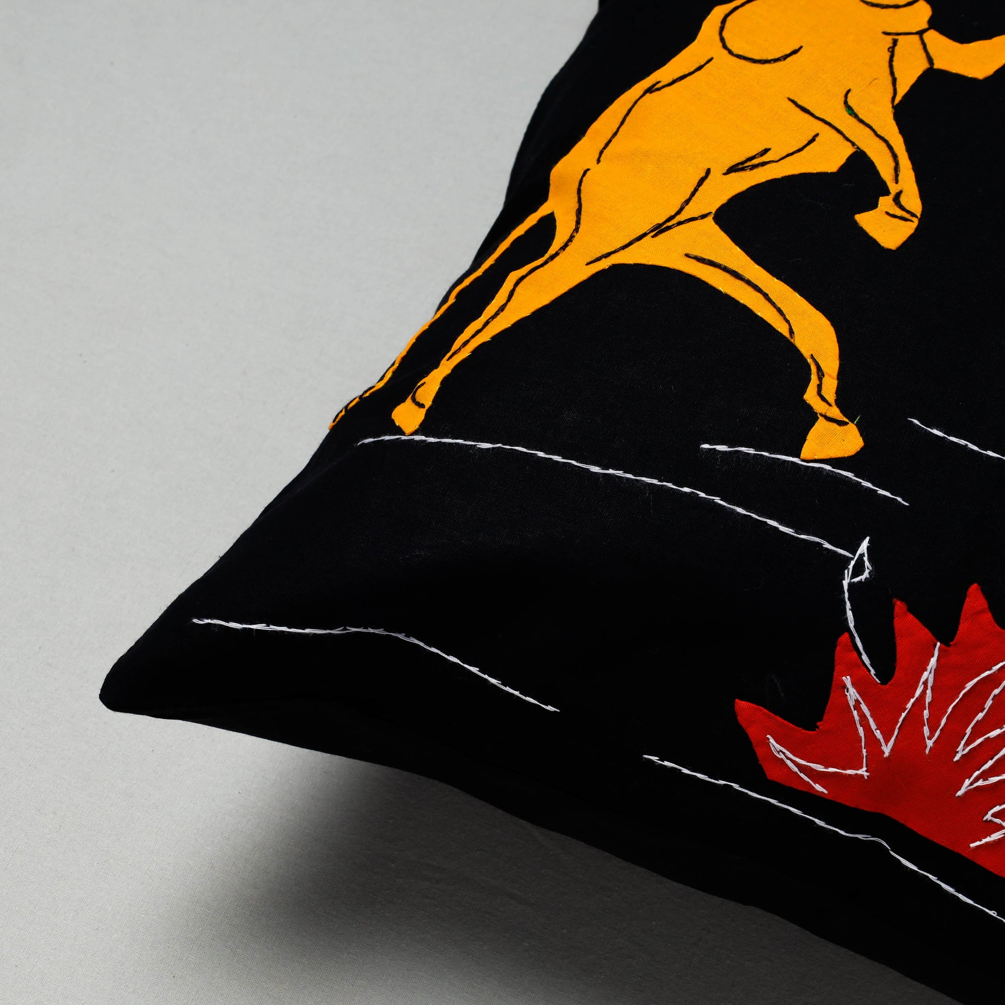 Black Pipli Applique Work Cotton Cushion Cover 