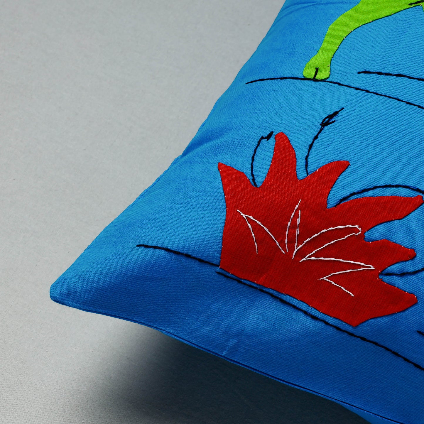 Blue - Pipli Applique Work Cotton Cushion Cover (16 x 16 in)