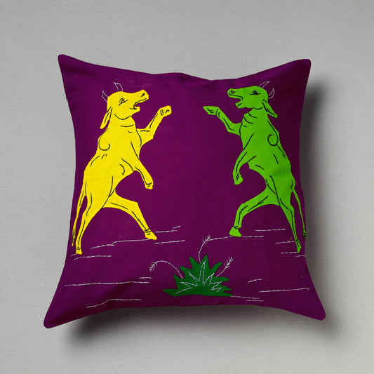 Purple - Pipli Applique Work Cotton Cushion Cover (16 x 16 in)
