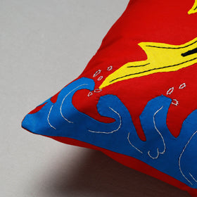 Red Pipli Applique Work Cotton Cushion Cover 