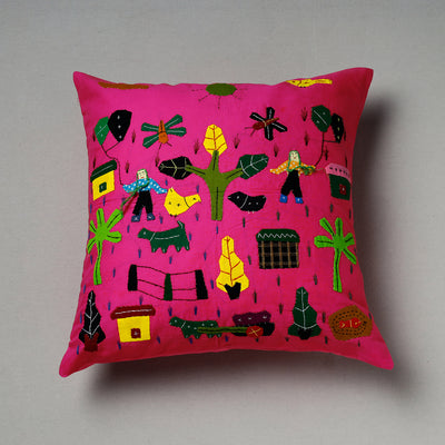 Pink - Pipli Applique Work Cotton Cushion Cover (16 x 16 in) Assorted