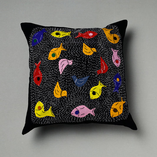 Black - Pipli Applique Work Cotton Cushion Cover (16 x 16 in) Assorted